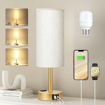 Fenmzee Gold Nightstand Bedroom Lamp - 3 Way Dimmable Bedside Lamp USB C A Charging Ports and AC Outlet, Small Table Lamp Linen Lampshade for Office Desk, LED Bulb Included