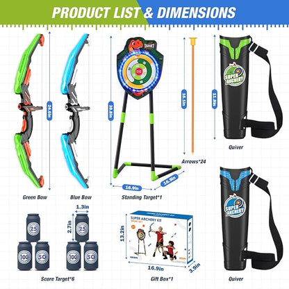 HYES 2 Pack Kids Bow and Arrow, LED Light Up Archery Set with 24 Suction Cup Arrows, Indoor Outdoor Sport Dinosaur Toys Gifts for 3 4 5 6 7 8 9 10 11 12 Year Old Boys Girls