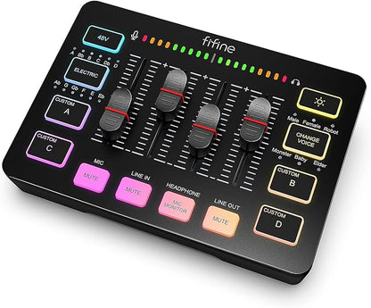 FIFINE Gaming Audio Mixer, Streaming RGB PC Mixer with XLR Microphone Interface, Individual Control, Volume Fader, Mute Button, 48V Phantom Power, for Podcast/Recording/Vocal/Game Voice-AmpliGame SC3 | USB PnP For PC,Mute Button,XLR Preamp,RGB,Voice ch...