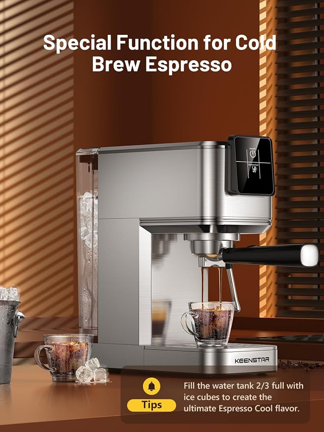 KEENSTAR 20Bar Espresso Machine, Hot & Iced Coffee Maker with Milk Frother | Stainless Steel, Touch Screen, Rapid Cold Brew, Espresso Maker with 40oz Water Tank for Latte, Cappuccino