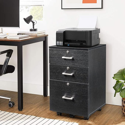 Bonnlo 26" H 3 Drawer File Cabinet with Lock, Rolling File Cabinet Under Desk, Mobile File Cabinets for Home Office, Wood Black File Cabinet Printer Stand for Letter Size Hanging/Manila File Folders