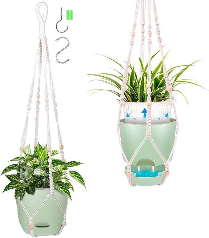 2-Pack 7..1-Inch Self-Watering Hanging Planters for Indoor & Outdoor Plants,34Inch Macrame Hanger Plant Pots Indoor with Drainage,Small Hanging Planters & Baskets,With Two Sets of Hooks（Pure green）
