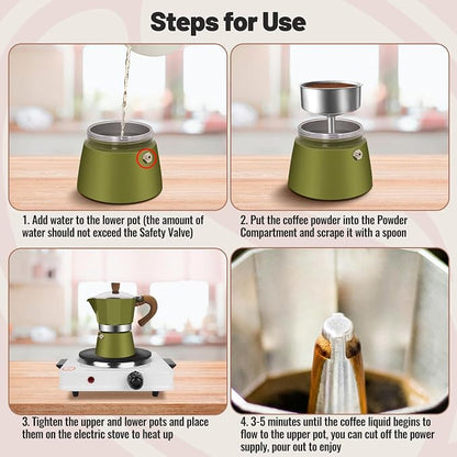 3 Cup Aluminum Moka Pot Classic Stovetop Espresso Coffee Maker 150ml 5oz Coffeemaker Percolator Mocha Pot Greca Coffee Maker Cafe Makers for Italian and Cuban Café Brewing Green