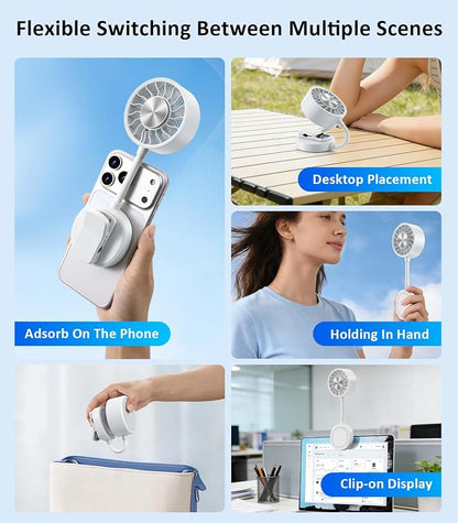 Magnetic Phone Fan with Ice Cooling, 3-in-1 Clip on Fan & Phone Stand, Rechargeable Mini Handheld Fan, 360° Flexible Gooseneck Portable Fan for Cruise Travel Desk Gym Makeup（White）