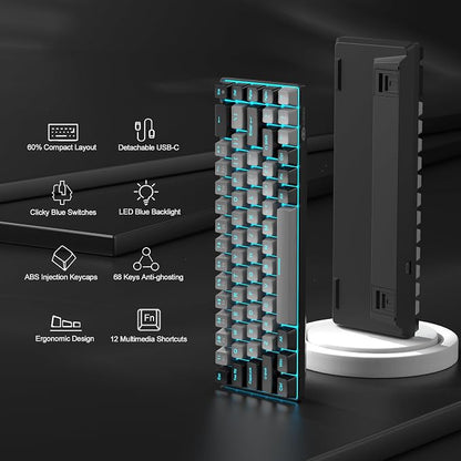 MageGee Portable 60% Mechanical Gaming Keyboard, MK-Box LED Backlit Compact 68 Keys Mini Wired Office Keyboard with Blue Switch for Windows Laptop PC Mac - Grey/Black