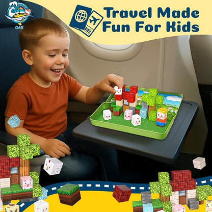 OAR Magnetic Blocks for Kids Ages 3-8 – 35 PCS Mini Magnetic Cubes Farm Animal Building Set, Travel Toy with Portable Iron Box, STEM Magnetic Tiles Gift for Toddlers, Boys & Girls