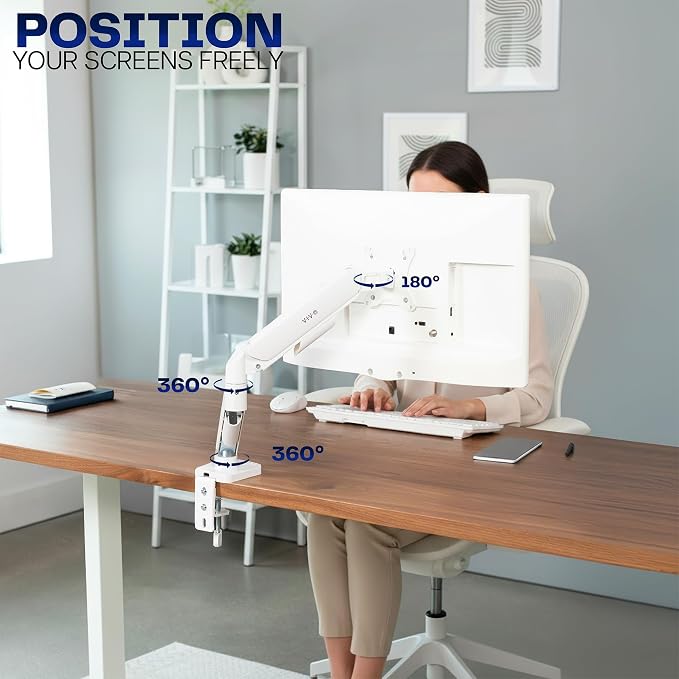 VIVO Single Monitor Stand, Fully Adjustable Arm for 17 to 32 inch Screen, Mechanical Articulating Desk Mount, Gaming and Office Setups, VESA 75x75, 100x100, Max 19.8 lbs, Classic, White, STAND-V001OW