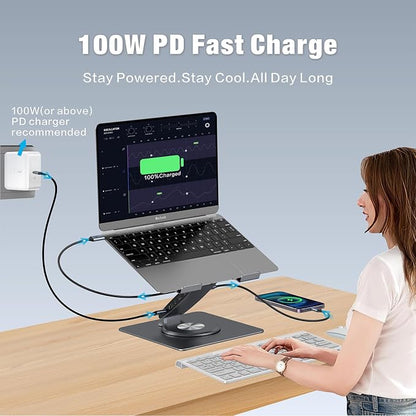 Adjustable Laptop Stand for Desk with Docking Station 9-in-1, Aluminum Laptop Riser with USB Hub, 360° Swivel, Dual Display 4K60Hz HDMI, 3 USB3.0, 100W PD Charging, for MacBook Pro Air/Dell/HP 7-15.6"