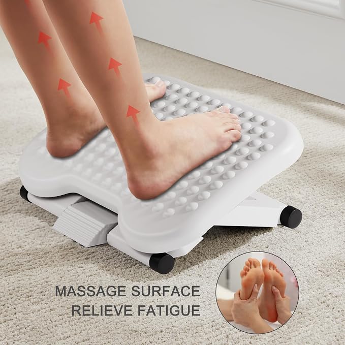 HUANUO Adjustable Desk Footrest, Foot Rest for Under Desk at Work with Massage, Adjustable Foot Stool with 3 Height Position & 30 Degree Tilt Angle Adjustment for Home, Office, White