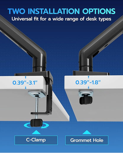 ARES WING Heavy Duty Single Monitor Arm - Fully Adjustable Monitor Mount for 17"-40" Ultrawide Screens up to 26.4 lbs with Clamp/Grommet Desk Mount and USB A/C, 75/100 Vesa Mount, Black
