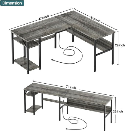 Unikito Reversible L Shaped Desk with Magic Power Outlets and USB Charging Ports, Sturdy Corner Computer Desk with Storage Shelves, Gaming Desk for Home Office, Easy to Assemble, Black Oak