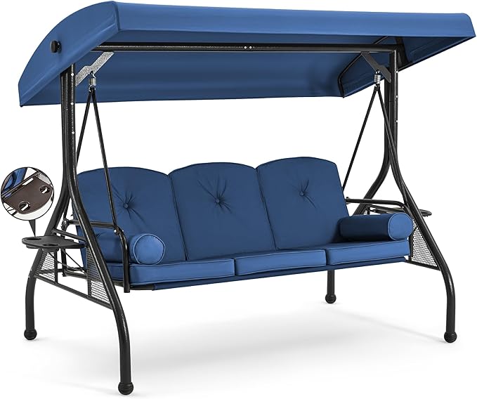 HOMREST 3 Seat Outdoor Porch Swing with Adjustable Canopy, Convertible Patio Swing Bed with Stand, Patio Glider Swing with Upgraded Cup Holder, Thicken Cushions ＆ Pillow for Backyard (Blue)