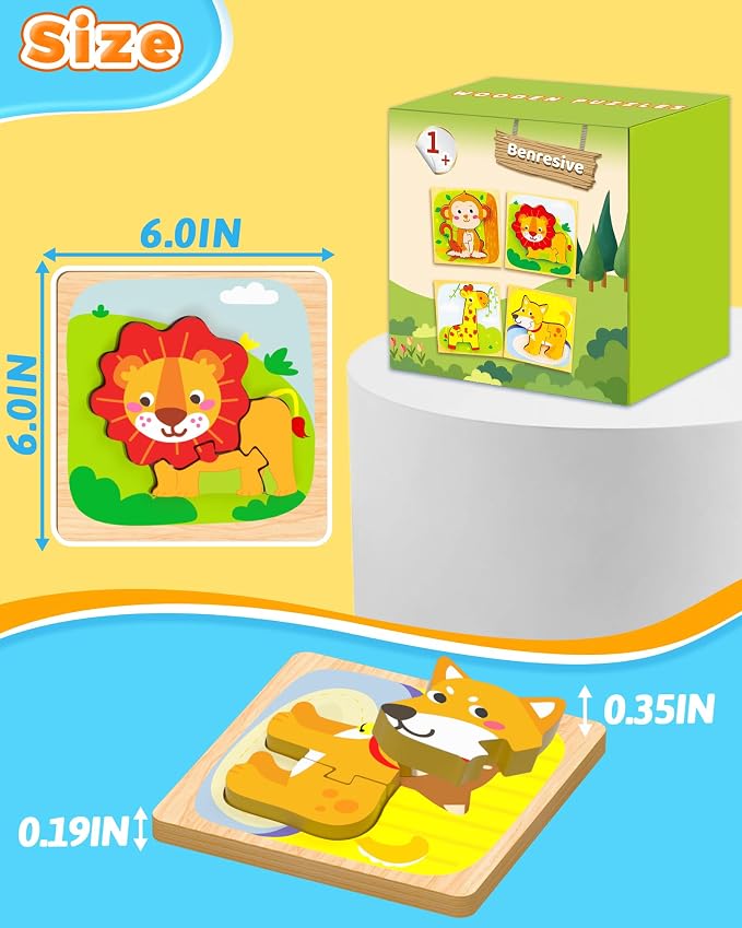 Benresive Wooden Toddler Puzzles, 4pcs Animal Montessori Toys for 1-3 Year Old Boys & Girls, Learning Educational Preschool Toys, Great Gifts for 1 2 3 Year Olds