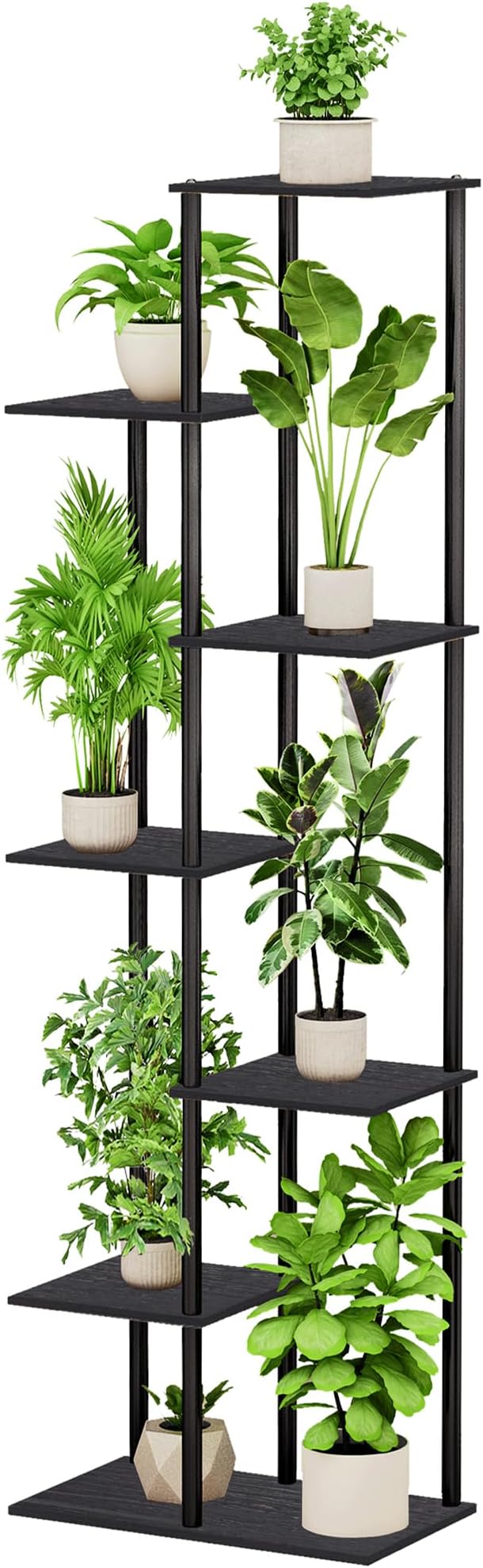 Plant Stand Indoor 7 Tier 8 Potted Metal Wood Plant Shelf, Multiple Flower Pots Corner Tall Plant Holder Stands for Living Room Balcony Bedroom, Black