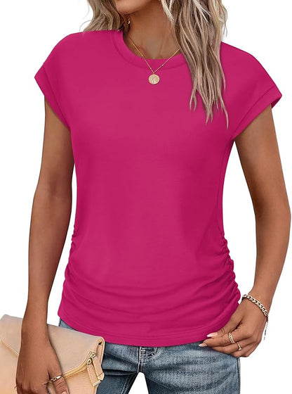 Sampeel Womens Summer Tops Trendy 2026 Ruched Cap Short Sleeve Tshirts Shirts Crew Neck T Shirts Fashion
