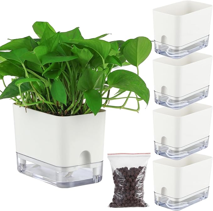 Planterhoma Self Watering Plant Pots for Indoor Plants 7 inch, 4 Packs Rectangle Self-Watering Planters with Drainage Hole, White African Violet Pots for Devil's Ivy, Spider Plant, Orchid, Herb