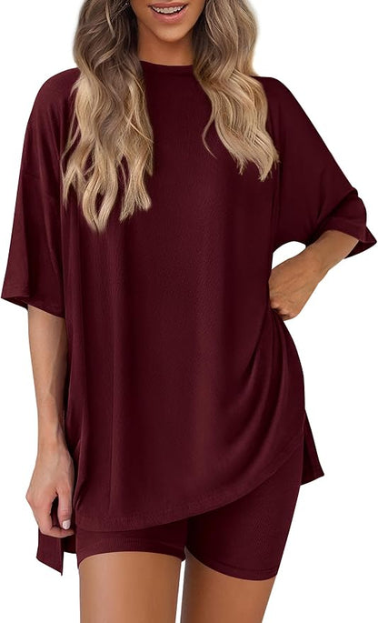 PRETTYGARDEN Women 2 Piece Lounge Set 2026 Summer Casual Oversized Shirts Biker Shorts Matching Airport Travel Outfit Clothes