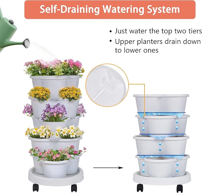 VECELO 5 Tier Vertical Garden Planter, Self Watering Stackable Planters with Wheels for Strawberries, Herbs, Flowers, Vegetables, White