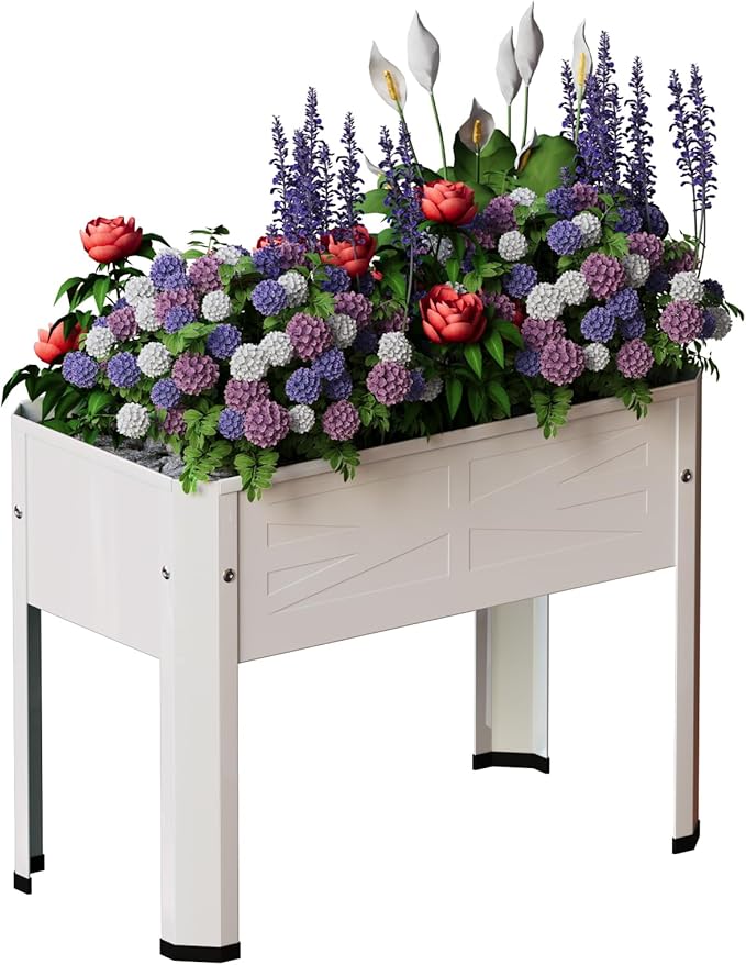 Raised Garden Bed with Detachable Tall Legs Elevated Metal Planter Box for Growing Fresh Herbs Vegetables Flowers Succulents&Other Plants for Outdoor Backyard Patio Deck Balcony White