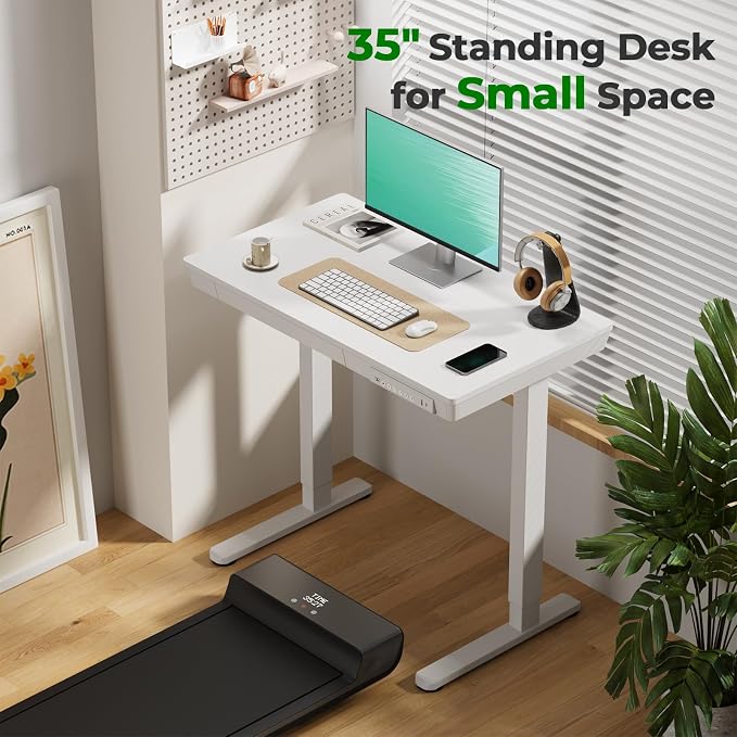 35" Electric Standing Desk with Drawer, 4 Lockable Wheels | Height Adjustable Quick Install One-Piece Tabletop with USB Charging Port, Small Sit to Stand up Desk for Home Office, White