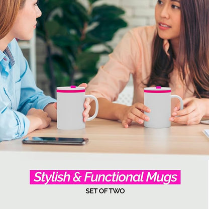 Copco Iconic Desk Mug with Lid & Handle, 16 Oz - Pink, Set of 2 | Double-Wall Insulated Reusable Coffee Mug, Spill-Resistant Slide, Wide Mouth for Hot & Cold Drinks, Office & Travel Cup