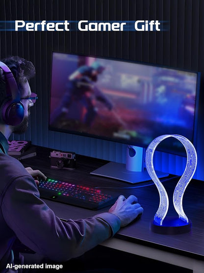 CoolGift Mart Light Up Headphone Stand with 16 Color Lights, Music Notes Pattern Acrylic Headset Stand with 1 USB and 1 Type-C Charging Ports, Gifts for Gamers Men and Music Lovers