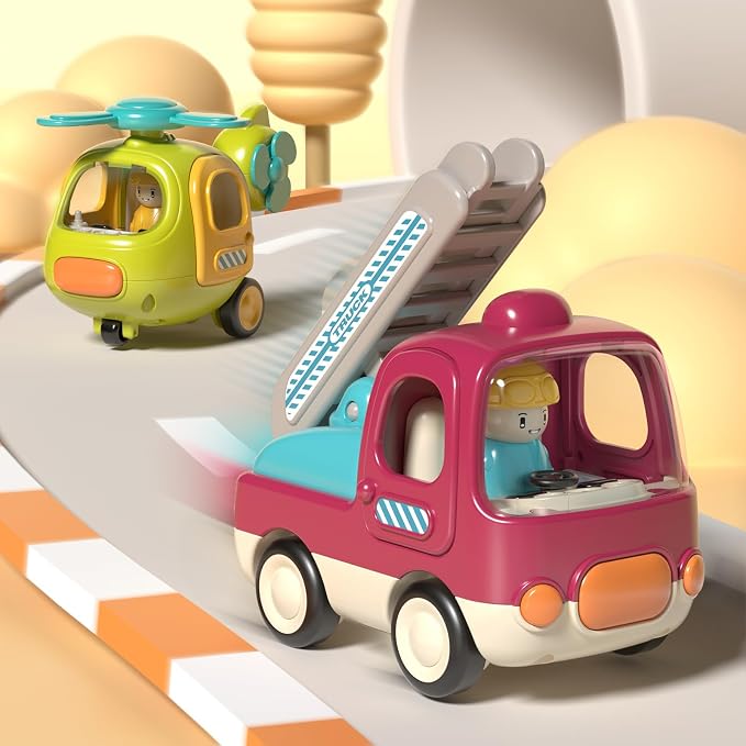 Baby Toys Push Cars for 1 2 3 Year Old 2 Pack Friction Powered Airplane Fire Trucks for Toddlers 1-3 Lights and Musical Toys for 1 Year Old First Birthday Gifts for Toddler