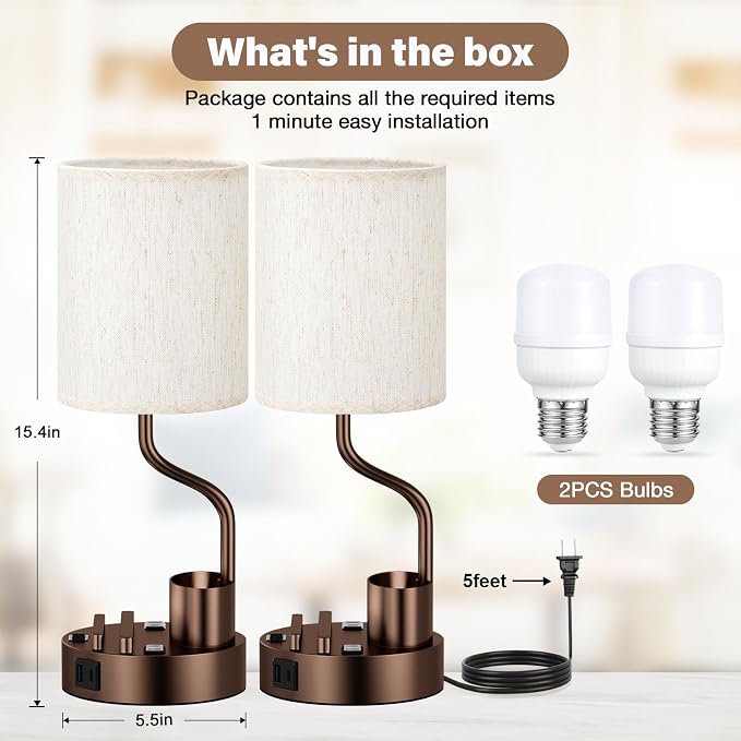 Fenmzee Bedside Lamps for Bedroom Set of 2 - Table Desk Lamp for Nightstand | 15" Table Lamp for Living Room with Pen Holder & Phone Stand, USB A+C Port, AC Outlet, 3 Color Temperature, LED Bulb Included