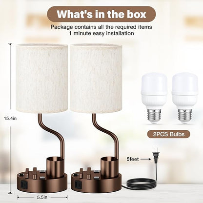 Fenmzee Bedside Lamps for Bedroom Set of 2 - Table Desk Lamp for Nightstand | 15" Table Lamp for Living Room with Pen Holder & Phone Stand, USB A+C Port, AC Outlet, 3 Color Temperature, LED Bulb Included