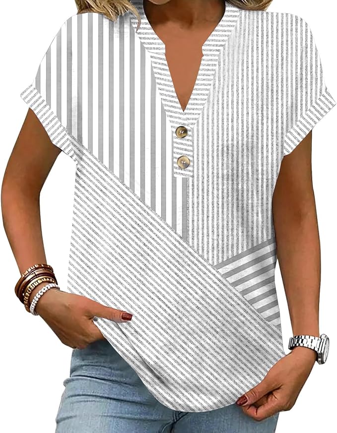 Womens Henley Summer Tops V Neck Button Dressy Casual T Shirts Blouses | Breathable, V-Neck Button, Striped, Loose Fit, Business Casual, Office, Vacation, Spring Summer Tops, Basic Shirts