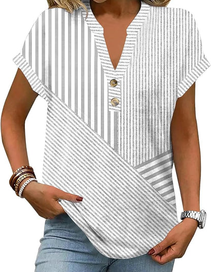 Womens Henley Summer Tops V Neck Button Dressy Casual T Shirts Blouses | Breathable, V-Neck Button, Striped, Loose Fit, Business Casual, Office, Vacation, Spring Summer Tops, Basic Shirts