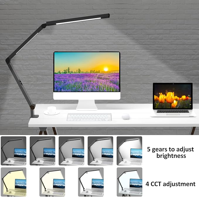 LED Desk Lamp with Clamp, Architect Desk Lamp with Dual Light and Adjustable Swing Arm, Clip-on Eye-Care 4 CCT Modes & 5 Brightness Levels Table Light Modern Computer Lighting for Home Office