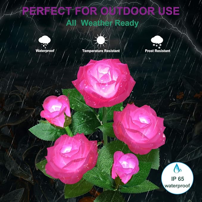 Solar Flower Lights Outdoor - Upgraded New Material Two Modes Realistic LED Solar Powered Waterproof Lights with 5 Roses, Solar Decorative Stake Lights for Garden (Pink, 2 Pack)