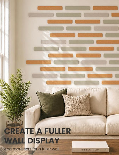 Fluxynara 13" x 2" Felt Wall Panels, Sunset Yellow | 5-Pack Cork Board Alternative with 35 Push Pins, Adhesive Mounting for Bedroom Door or Home Office