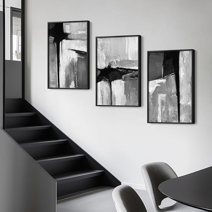 Large Framed Black and White Gray Abstract Wall Art for Living Room, 3 Piece Modern Canvas Prints Paintings Artwork for Walls, Grey Abstract Pictures for Hallway Office Wall Decor 24x36 In