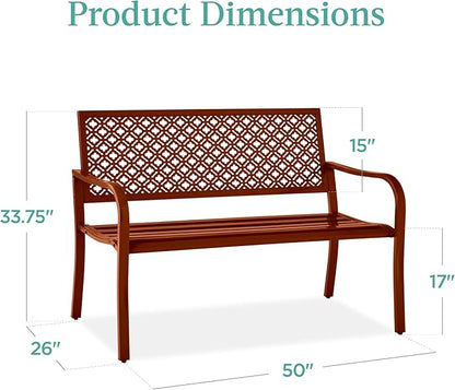 Best Choice Products Outdoor Bench 2-Person Metal Steel Benches Furniture for Garden, Patio, Porch, Entryway w/Geometric Backrest, 790lb Capacity - Rust