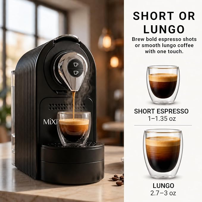 Mixpresso Espresso Machine, Compatible with Nespresso OriginalLine Capsules | 1400W single serve coffee maker with one-touch operation, 19-bar Italian pump and 27oz water tank, black