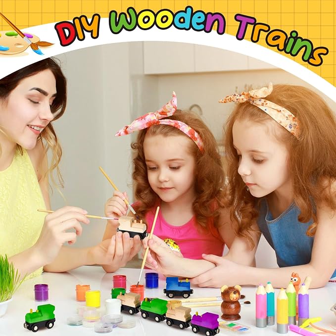 Halloscume 30 Pcs Unfinished DIY Wooden Trains Magnetic Unpainted Wooden Train Cars Toys for Railway Paint Project, Birthday Party Decorations Back to School Crafts Gifts Supplies (Classic)