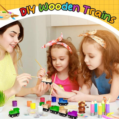 Halloscume 30 Pcs Unfinished DIY Wooden Trains Magnetic Unpainted Wooden Train Cars Toys for Railway Paint Project, Birthday Party Decorations Back to School Crafts Gifts Supplies (Classic)