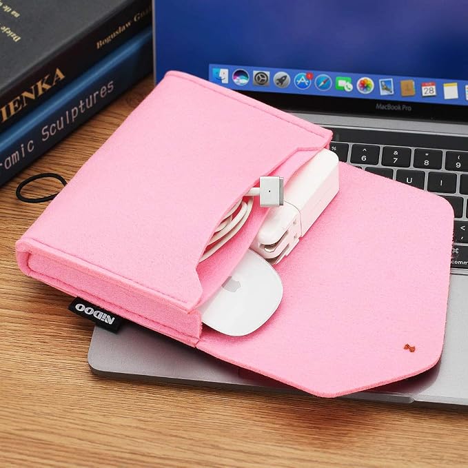 NIDOO Portable Felt Storage Bag, Electronics Accessories Protective Case Pouch for MacBook Power Adapter, Mouse, Cellphone, Cables, SSD, HDD, Power Bank, Portable External Hard Drive, Pink