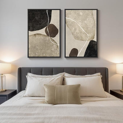 Large Framed Neutral Abstract Wall Art Set of 2, Modern Black Beige Brown Canvas Prints Paintings Artwork for Walls, Minimalist Stone Shape Pictures for Living Room Dining Bedroom Wall Decor 24x36 In