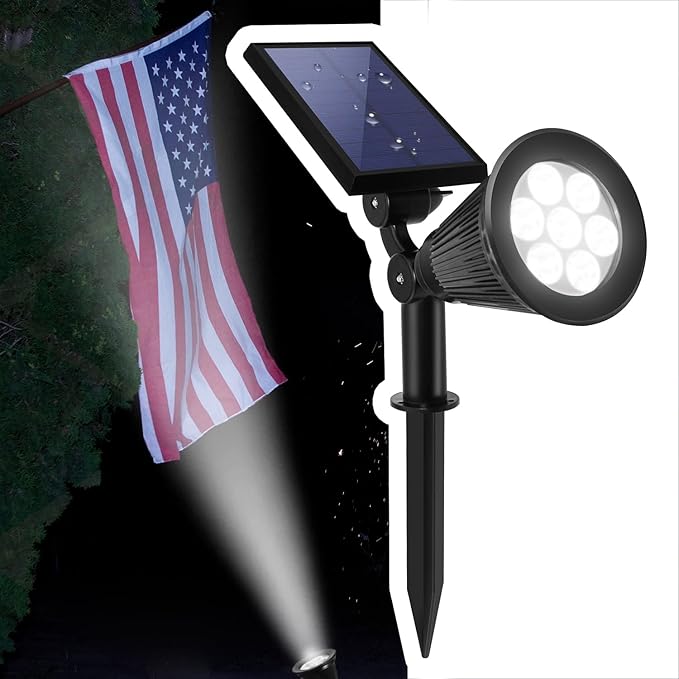 Solar Spotlights Outdoor, Bright 7-LED Landscape Spot Lights, Dusk-to-Dawn Waterproof Solar Powered Flag Pole Lights, Adjustable 2-in-1 Ground/Wall Mounted Lighting for Tree House Yard Garden (White)