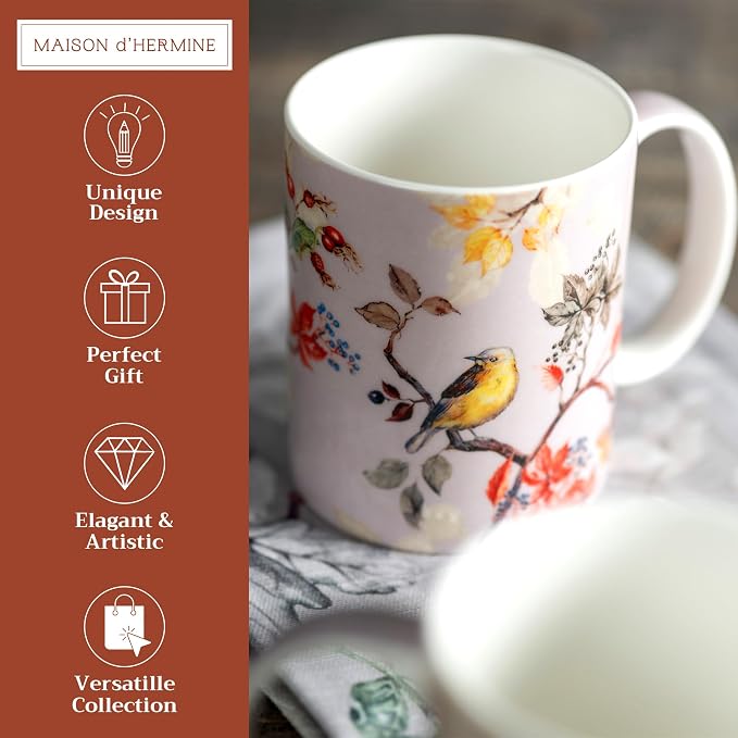 Maison d' Hermine Coffee Mug with Handles Tea Cups (12 Ounce, Pack of 2) | Fine Bone China Coffee Mugs for Hot Beverages Cappuccino Latte Home Restaurant Hotel Spring Summer -Equinoxe - Grey