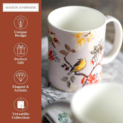 Maison d' Hermine Coffee Mug with Handles Tea Cups (12 Ounce, Pack of 2) | Fine Bone China Coffee Mugs for Hot Beverages Cappuccino Latte Home Restaurant Hotel Spring Summer -Equinoxe - Grey