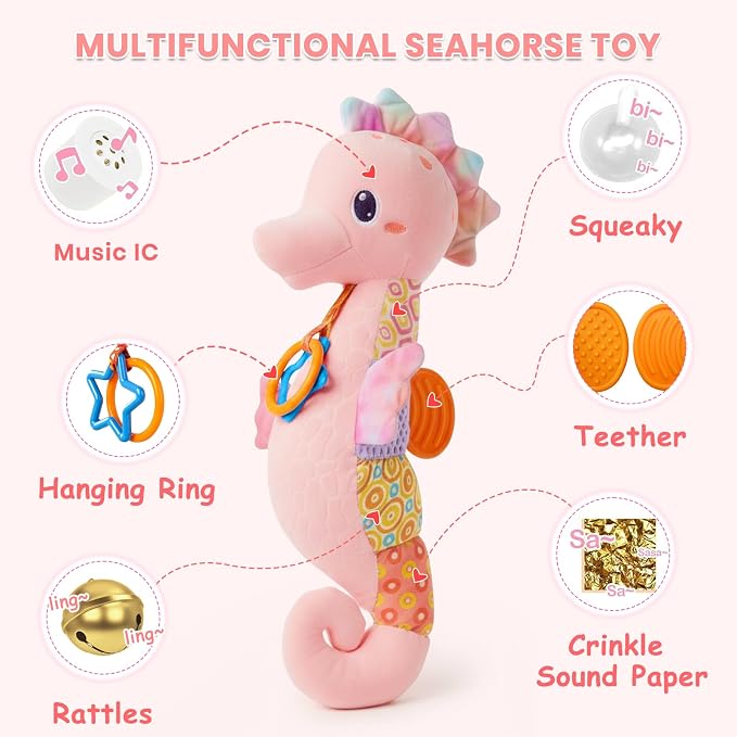 Baby Toys 0-6 Months,Infant Musical Seahorse Stuffed Animals Sensory Toys with Bright Colors,Multiple Textures,Rattles & Crinkle Sound Paper,Soft Tummy Time Toy for Newborn Boys Girls 0-12 Months-Pink