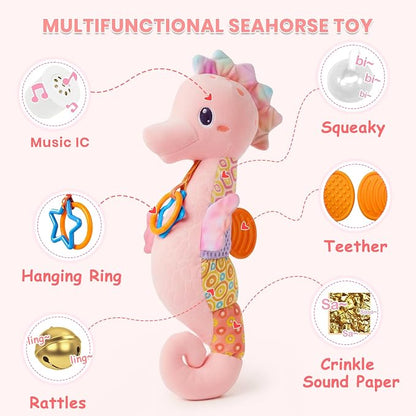 Baby Toys 0-6 Months,Infant Musical Seahorse Stuffed Animals Sensory Toys with Bright Colors,Multiple Textures,Rattles & Crinkle Sound Paper,Soft Tummy Time Toy for Newborn Boys Girls 0-12 Months-Pink