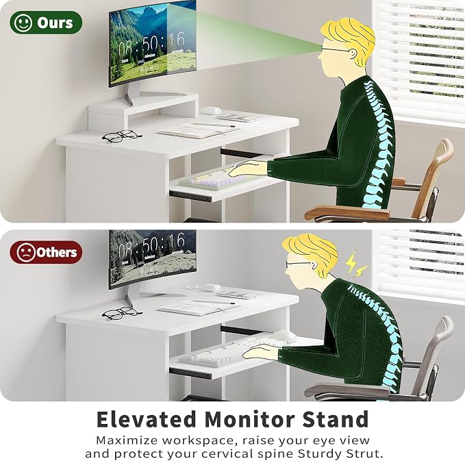 ALISENED 30 Inch Computer Desk, with Keyboard Tray & Monitor Stand | Compact Desk for Space-Saving, Ergonomic Study Desk with Storage Shelves for Writing, Gaming, Working, White
