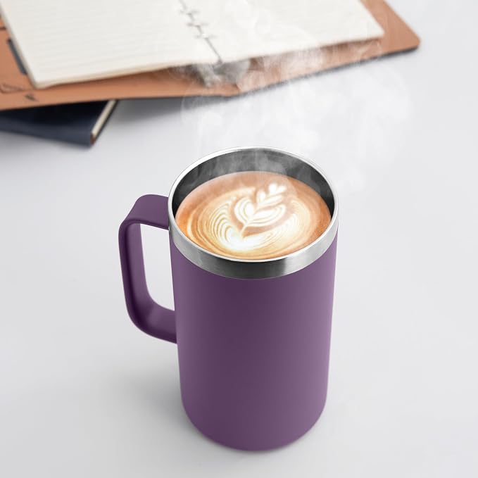 DOMICARE 24oz Mug with Handle and Lid, Stainless Steel Coffee Mug, Travel Mug with Handle, Double Wall Vacuum Coffee Tumbler, Reusable Insulated Cup, Dark Purple, Pack 4