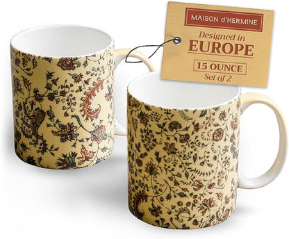 Maison d' Hermine Coffee Mug with Handles Tea Cups (15 Ounce, Pack of 2) | Fine Bone China Coffee Mugs for Hot Beverages Cappuccino Latte Home Restaurant Hotel Spring Summer -Lakshmi