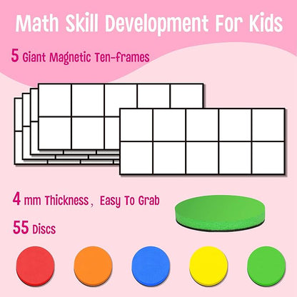 Magnetic Ten-Frame Set, Including 5 Frames (no Hollowed Out) and 55 Colorful Discs (Upgraded Version for Fridge & Hand-held)